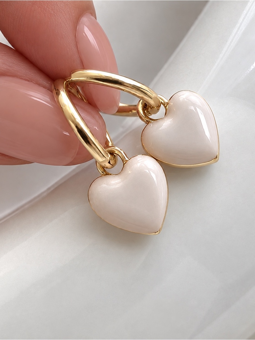 Gold Tone Hoop Earrings with White Heart Charms Cute Trendy